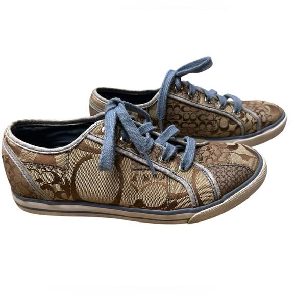Coach Leather Womens 6M Brown/Tan Patchwork Sneakers with Blue Strings - Picture 7 of 9